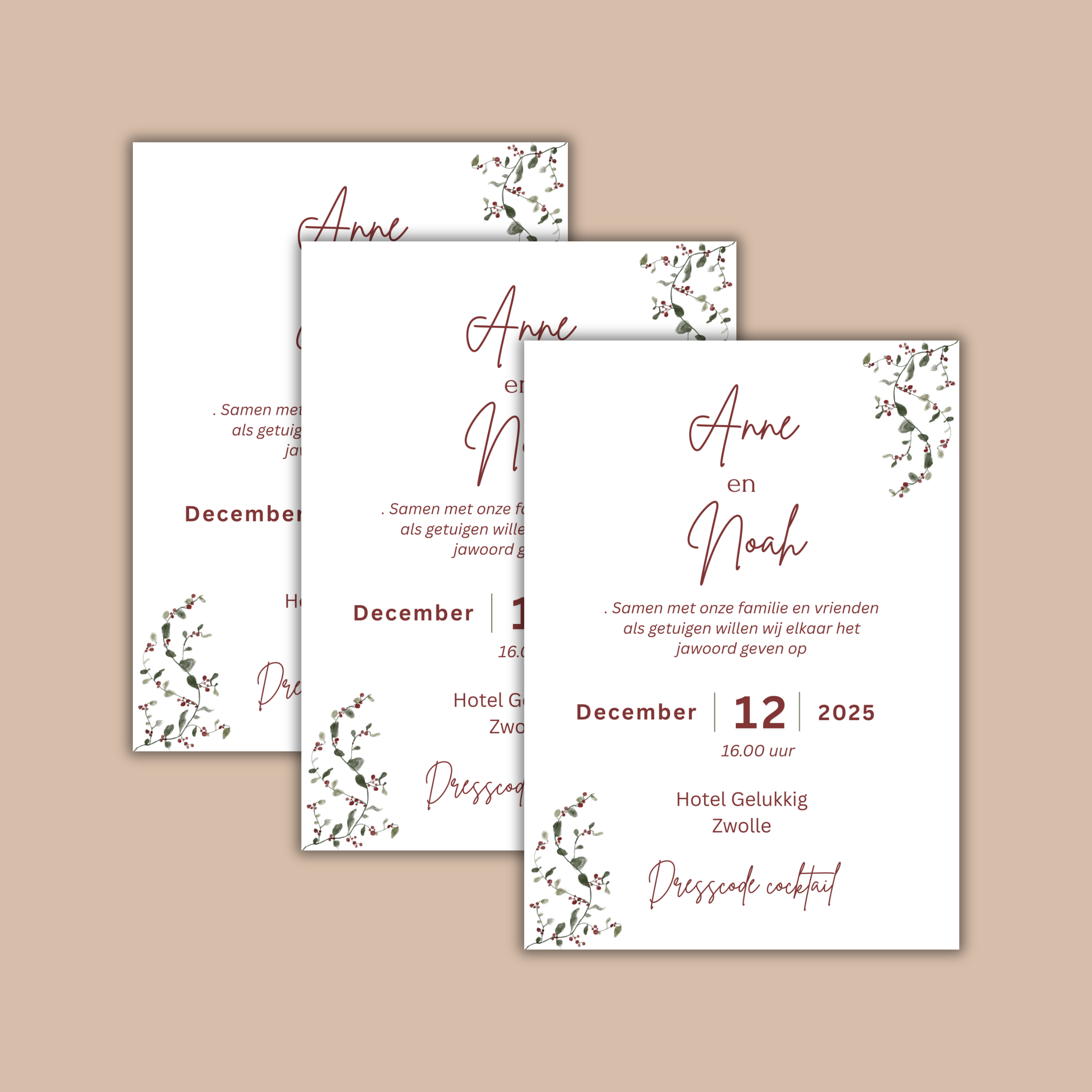 Digitale Trouwkaart met Kersttakjes, moderne uitnodiging met kersttakjes design.