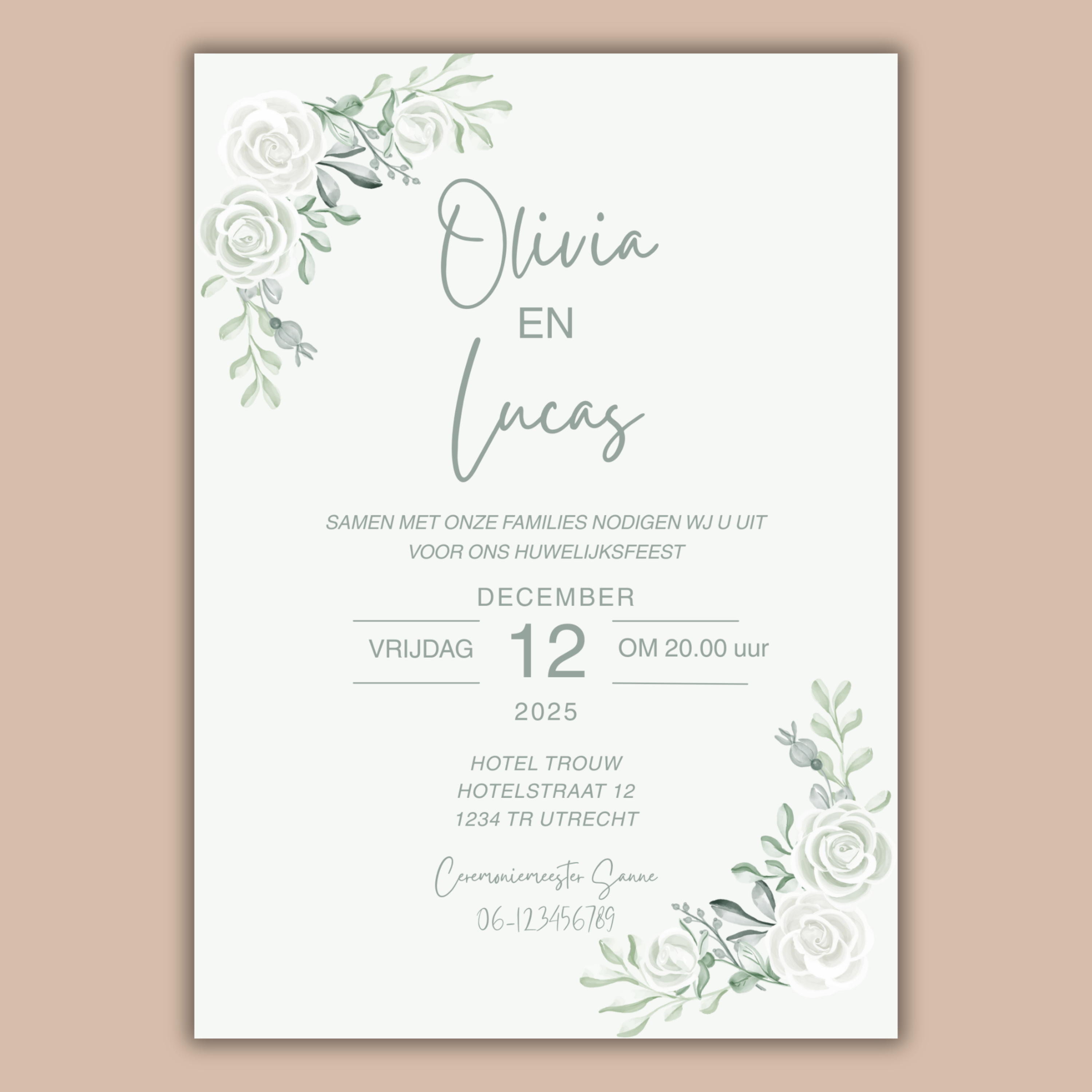 Digitale Trouwkaart Olijfgroen & Witte Bloemen