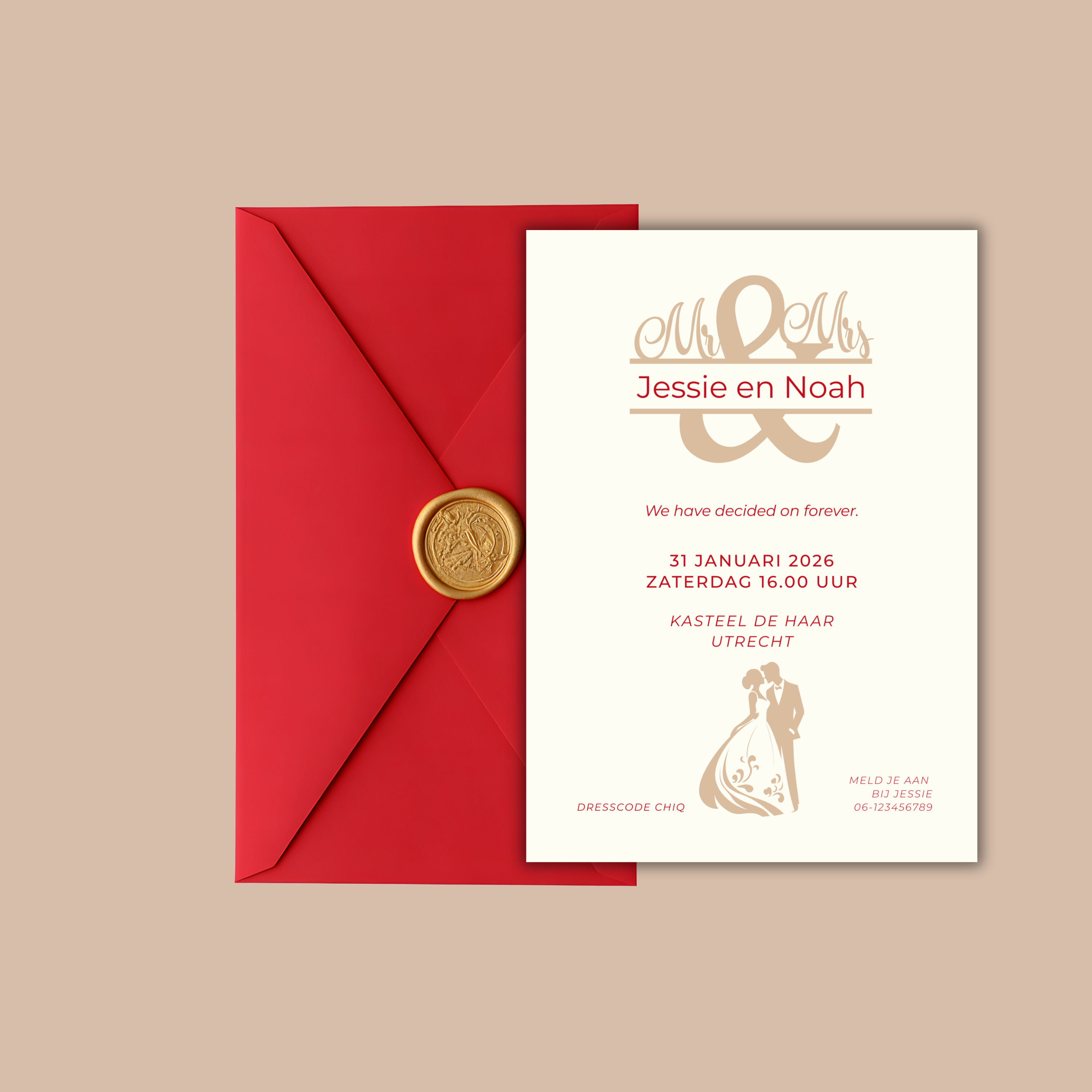 Digitale Trouwkaart Rood & Beige