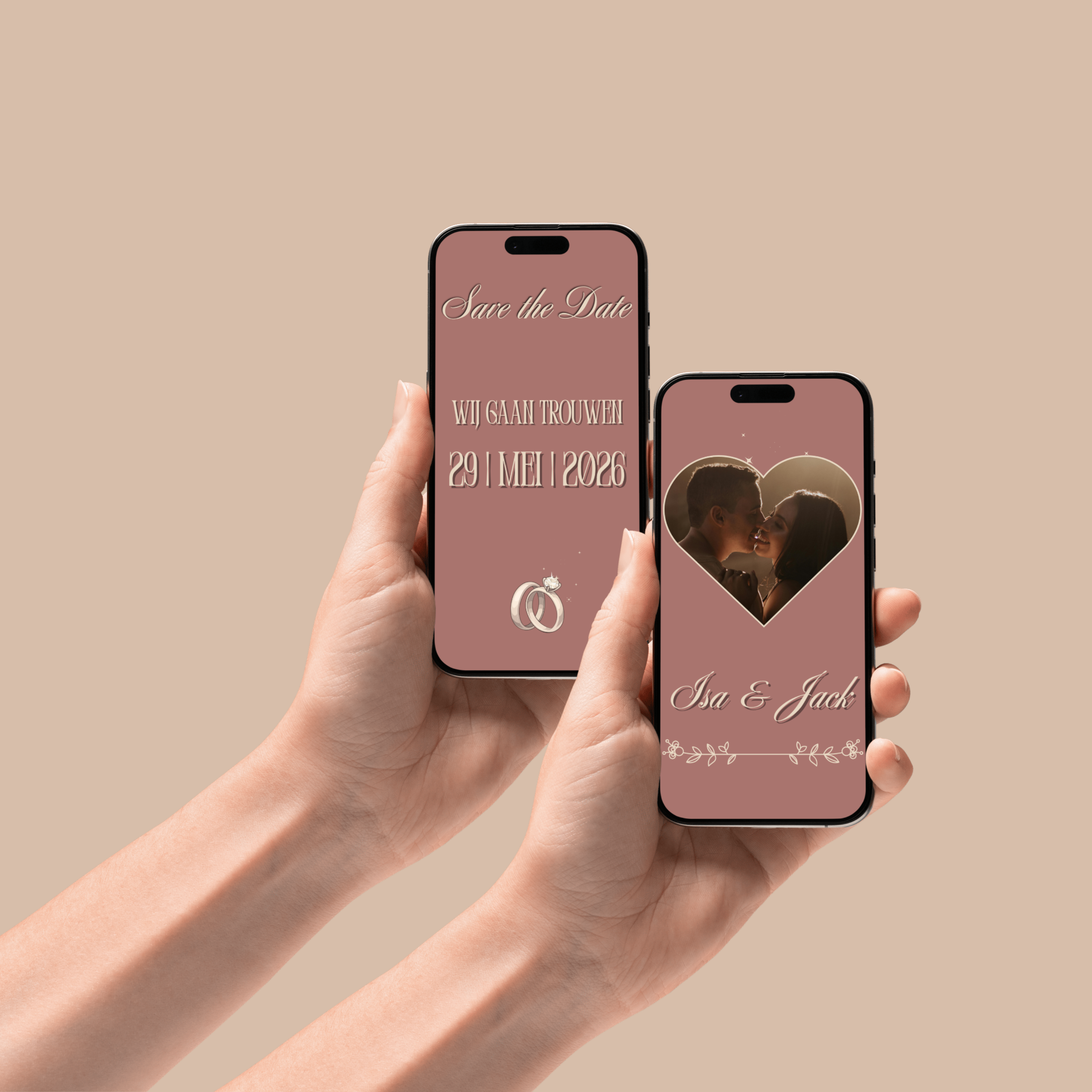 Digitale save the date kaart bruin met animatie op smartphones, romantisch hartjesframe met foto.