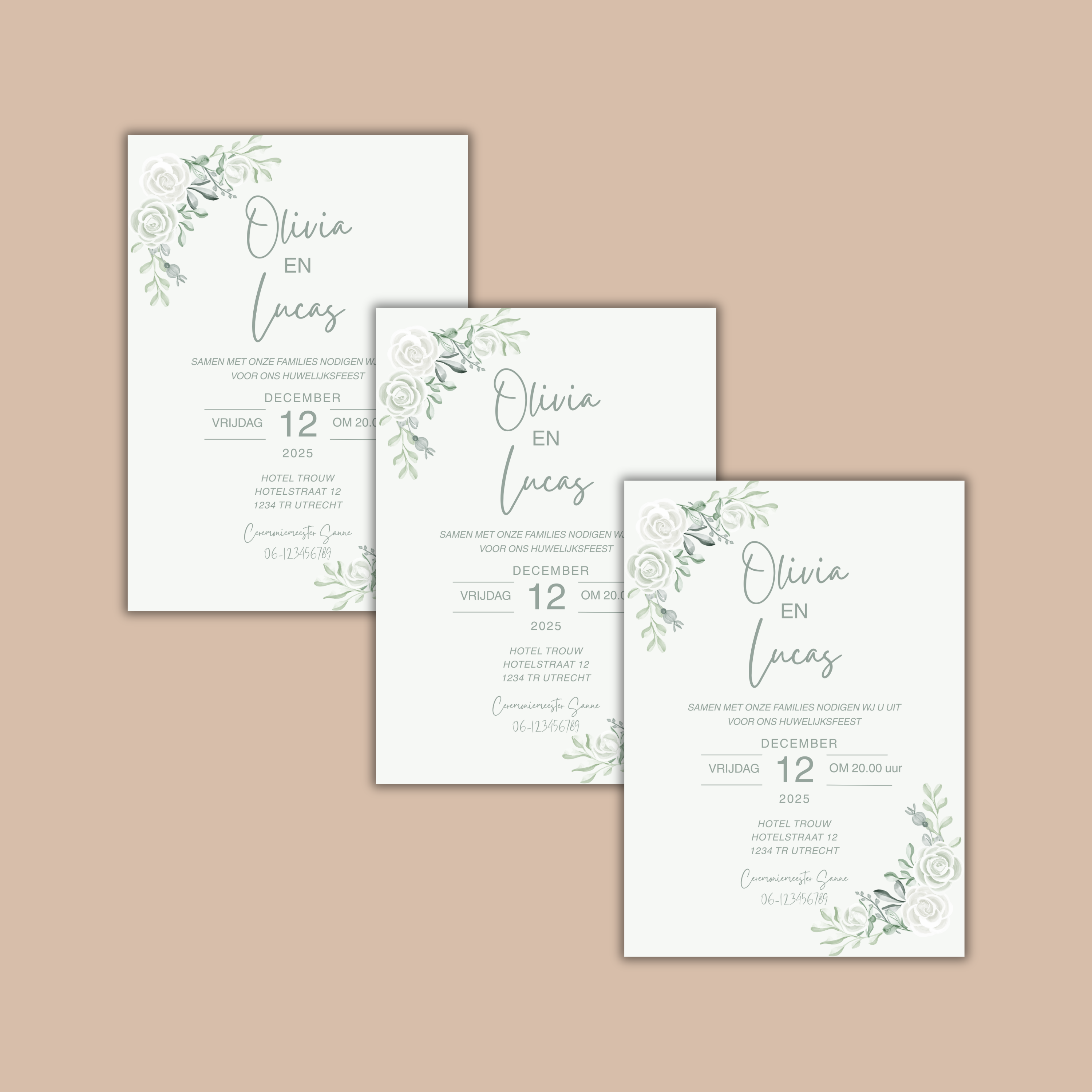 Digitale Trouwkaart Olijfgroen & Witte Bloemen