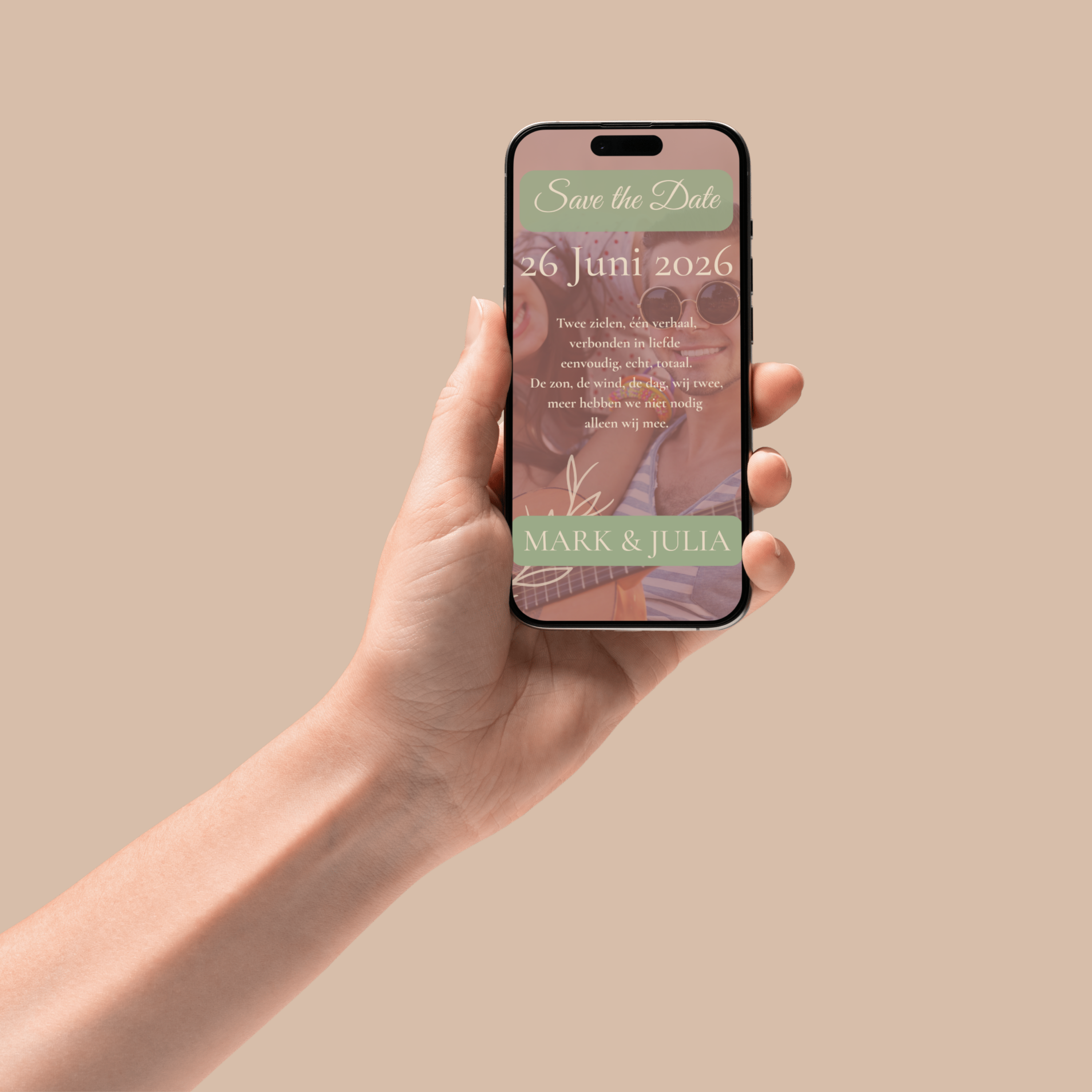 Digitale trouwkaart boho stijl, save the date in warme tinten