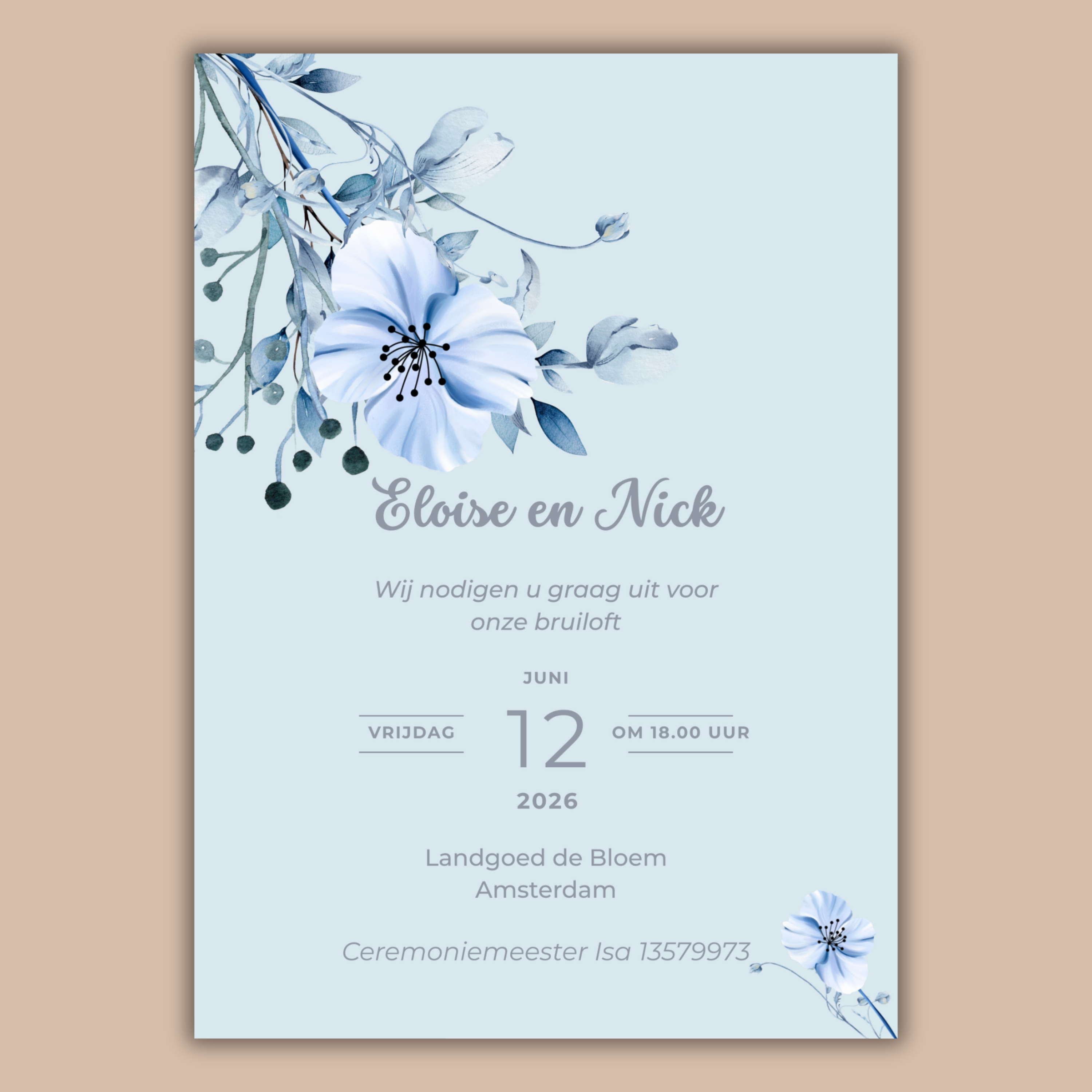 Digitale Trouwkaart Blauwe Bloemen
