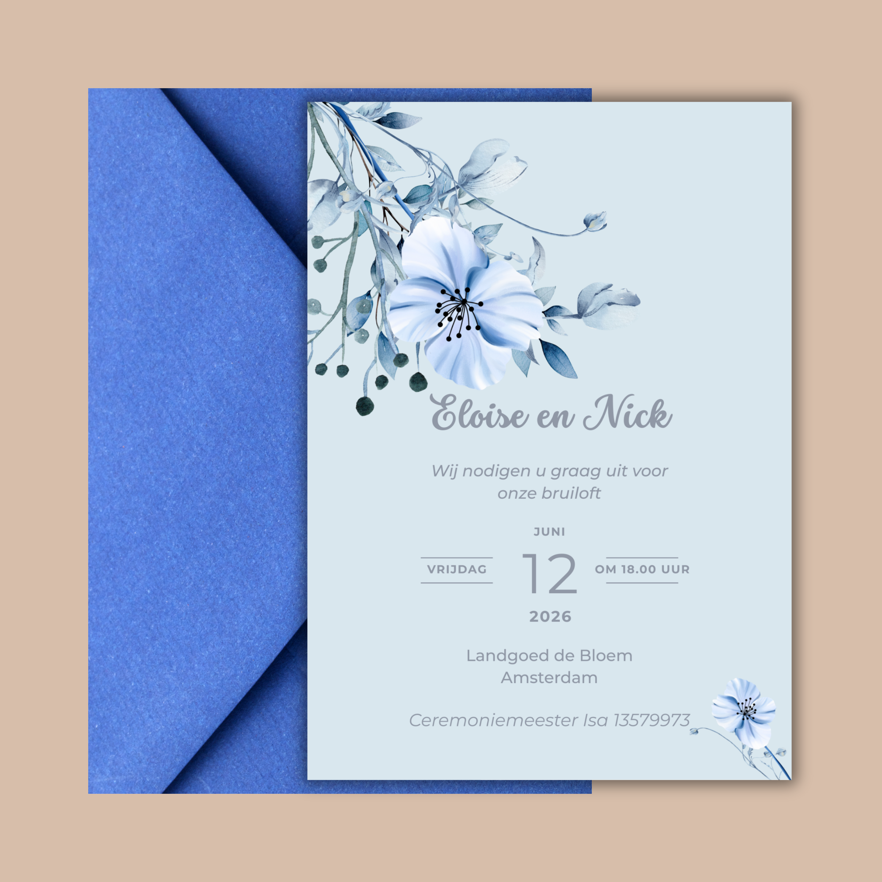 Digitale Trouwkaart Blauwe Bloemen