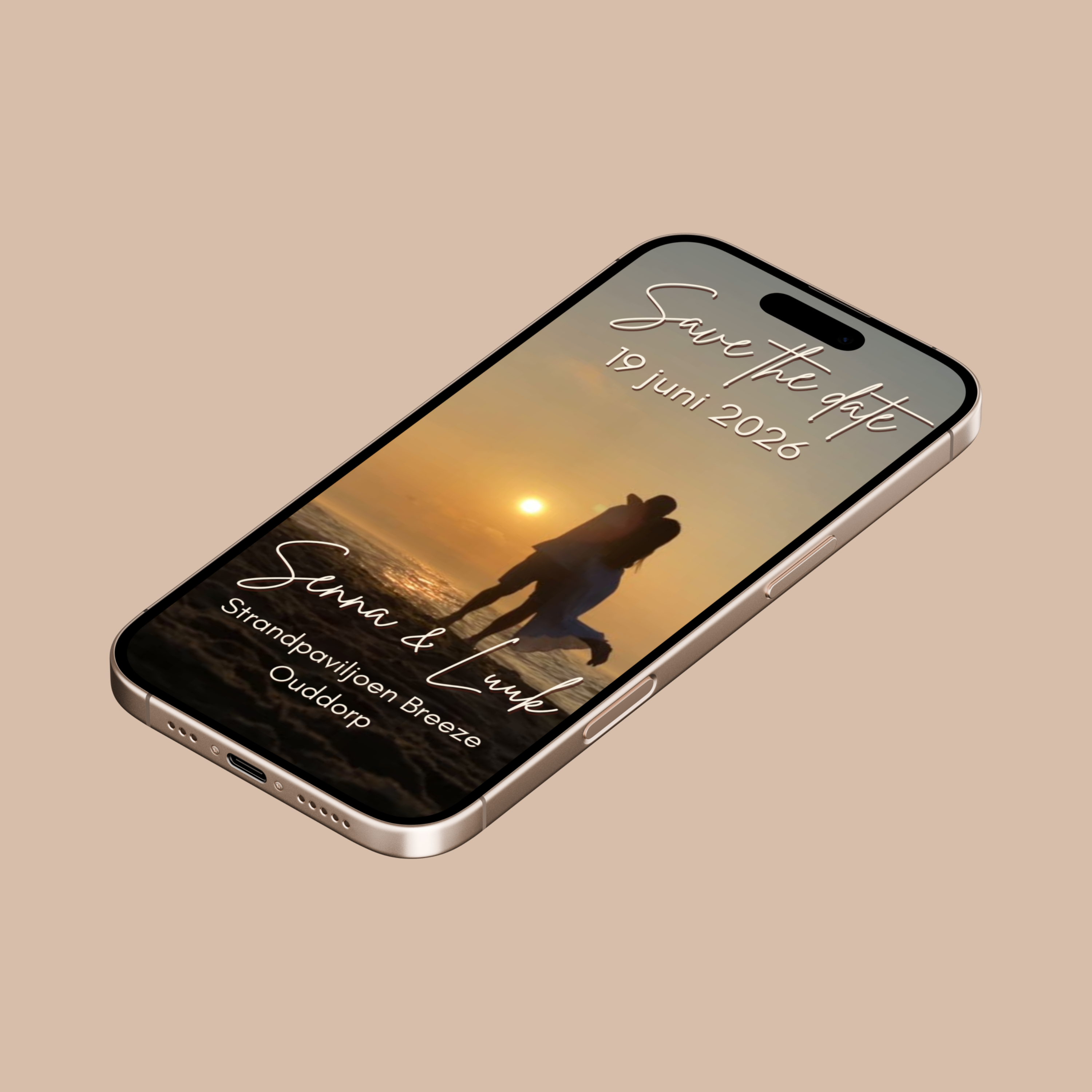 Beach stijl save the date,  beige tinten in Canva ontwerp