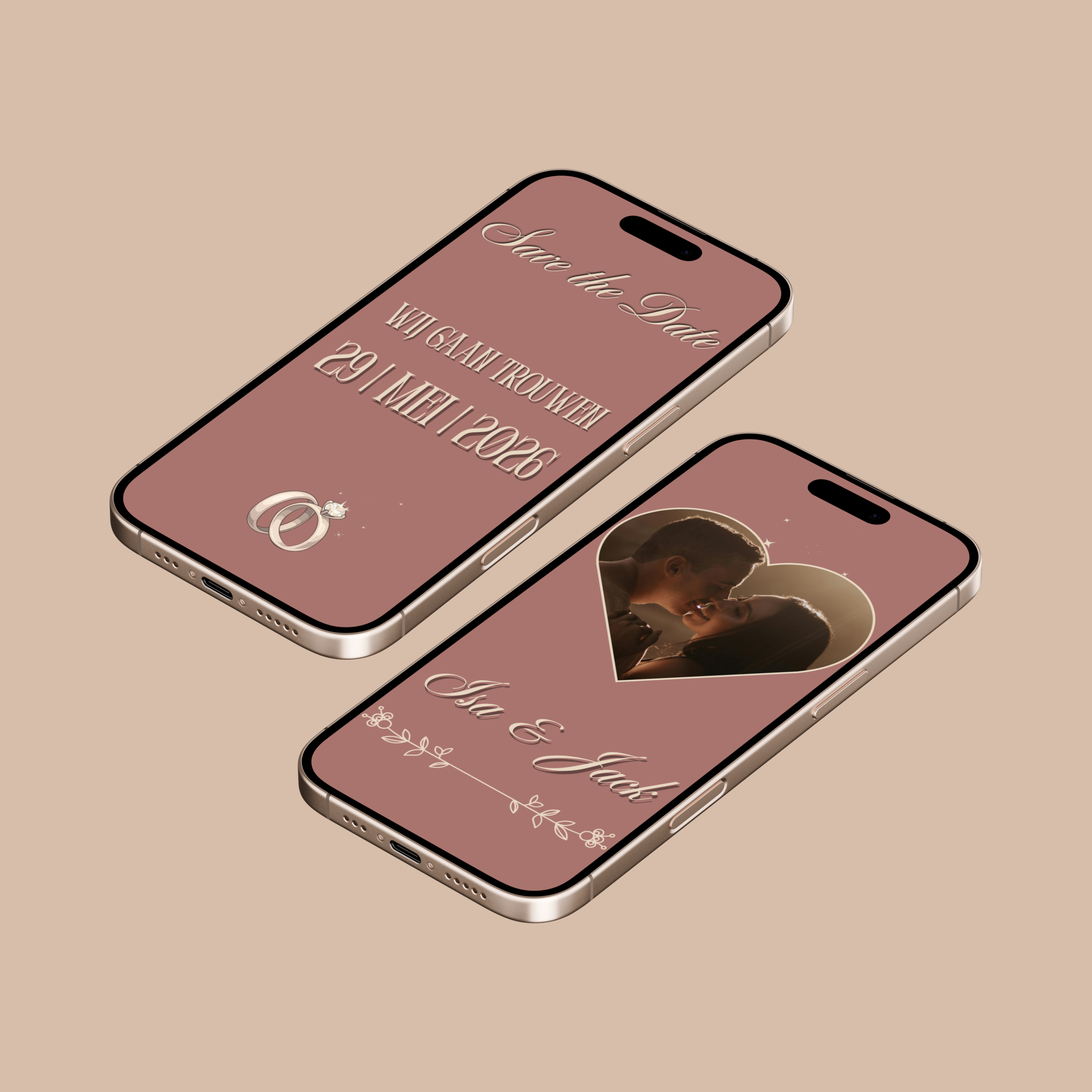 Digitale Save the Date Kaart Bruin met Animatie & Hartjesframe op smartphones met romantisch ontwerp.