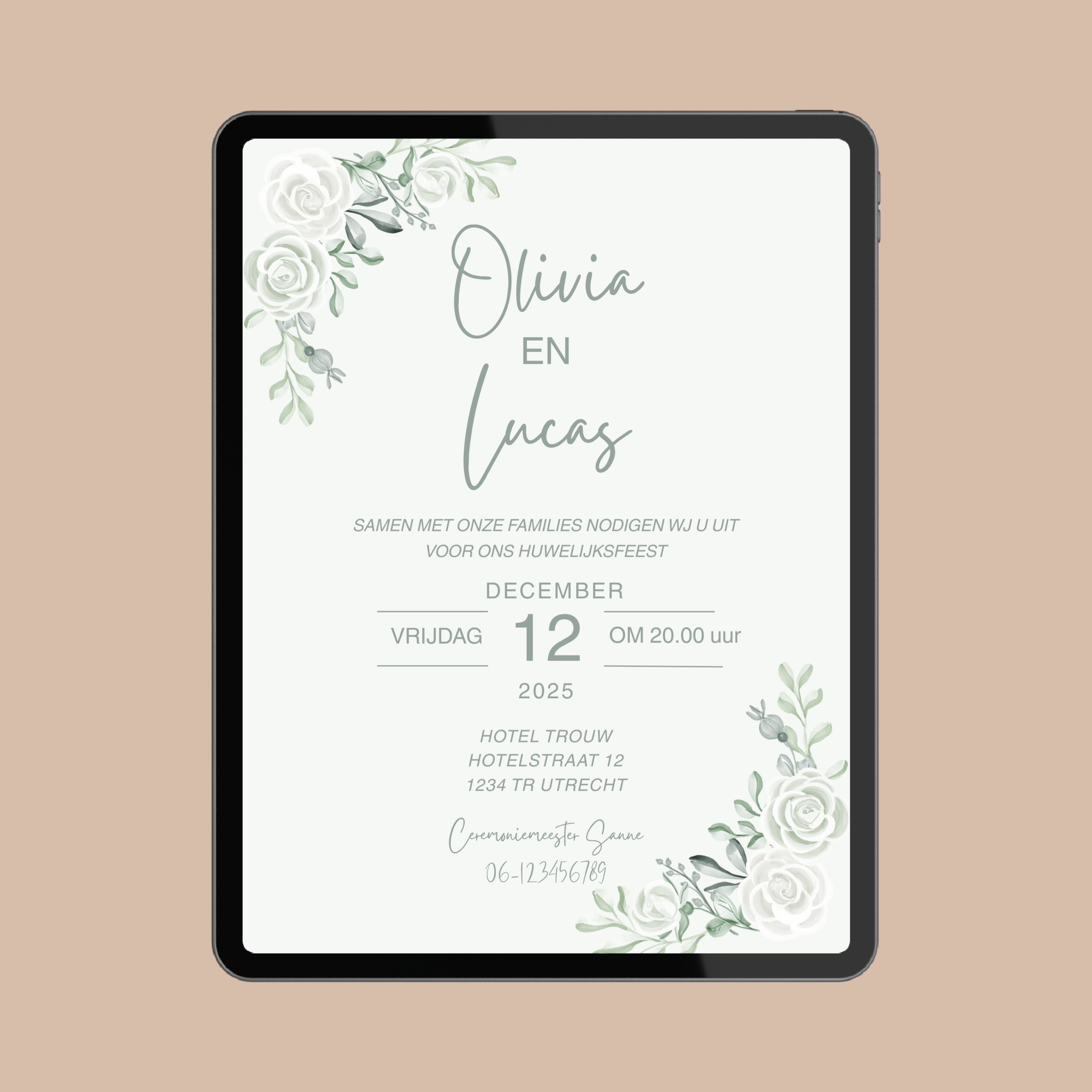 Digitale Trouwkaart Olijfgroen & Witte Bloemen