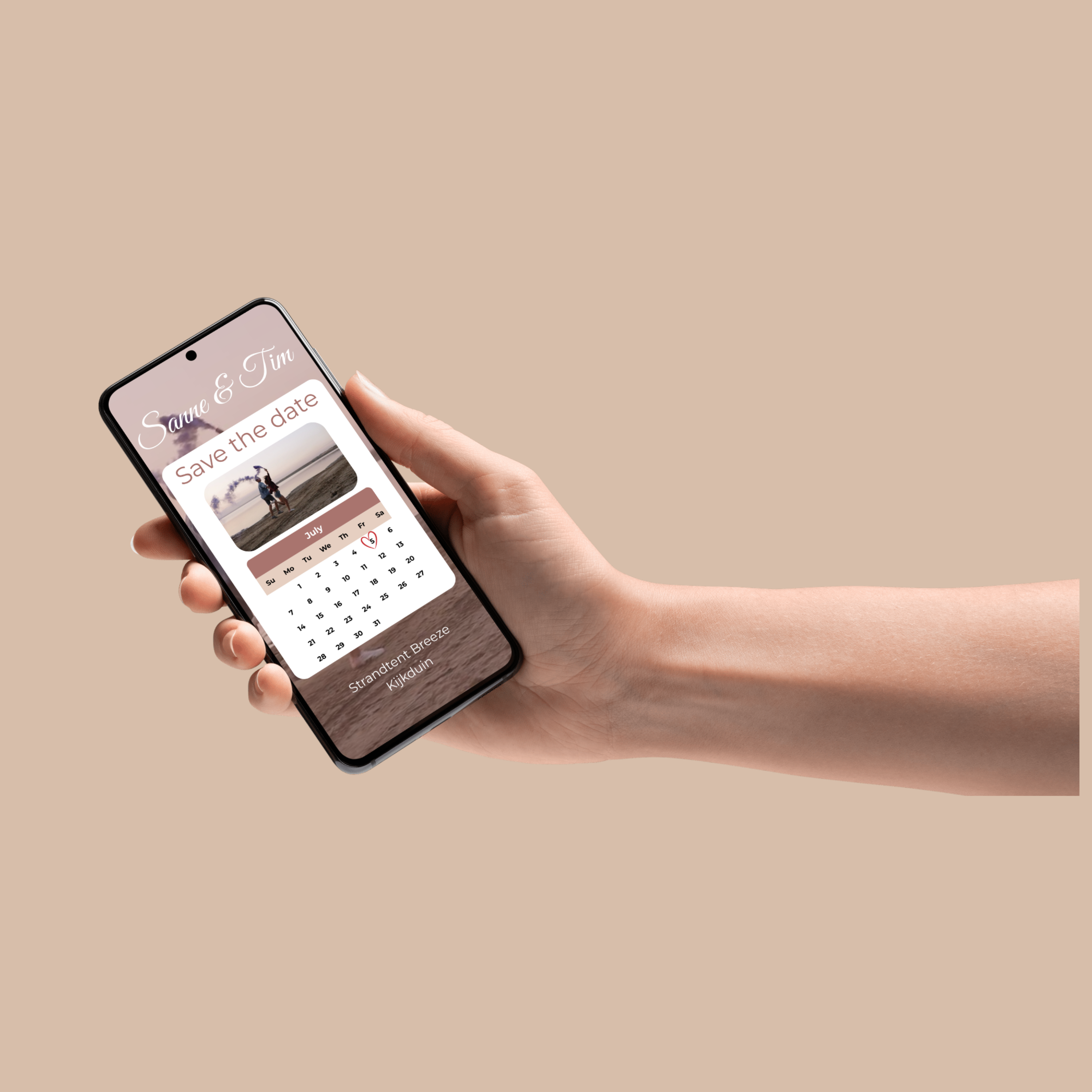 Boho stijl trouwkaart, digitaal sjabloon met kalenderweergave