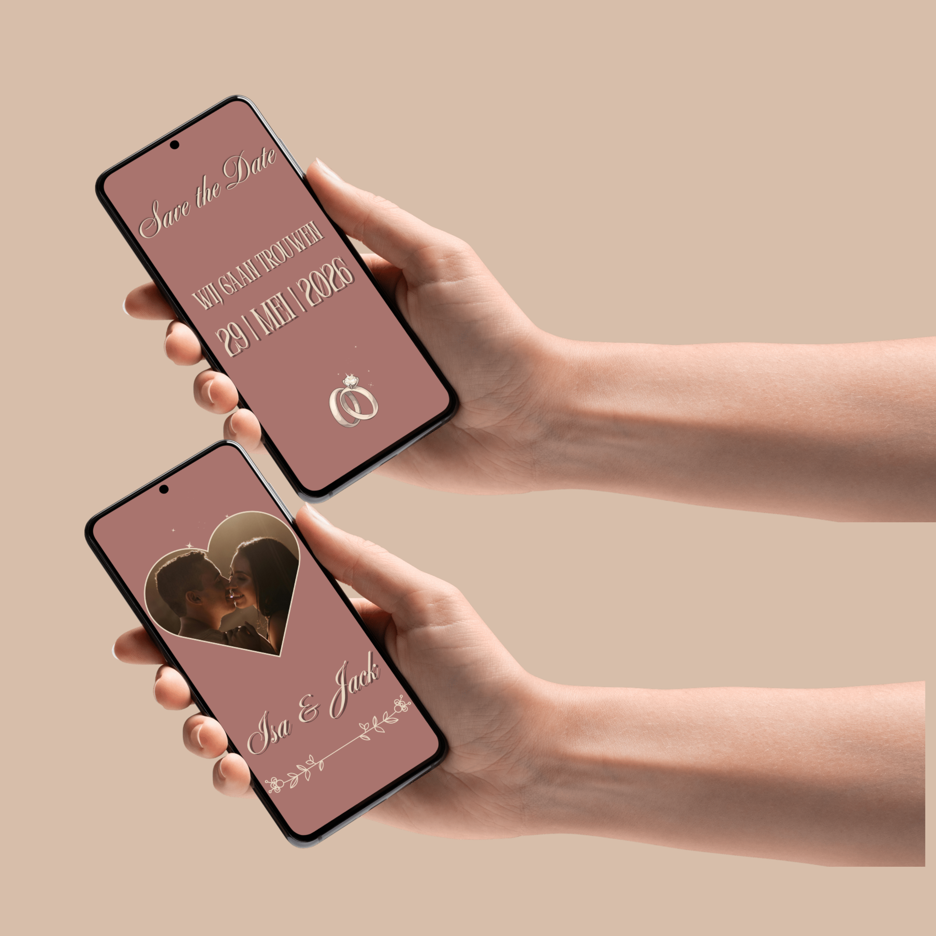 Digitale Save the Date Kaart Bruin met Animatie & Hartjesframe op smartphones.