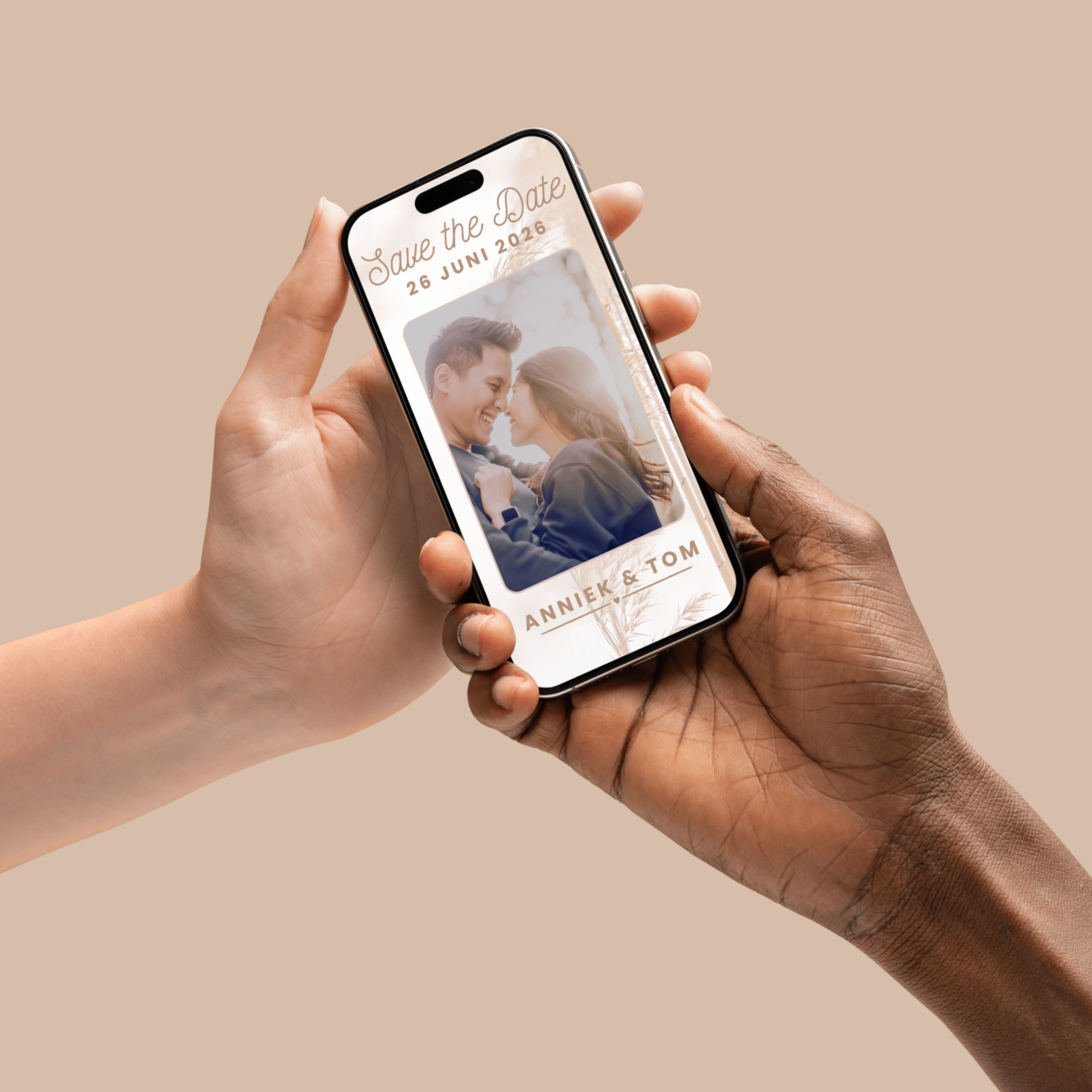 Save the date kaart animatie, neutrale tinten en zachte sfeer