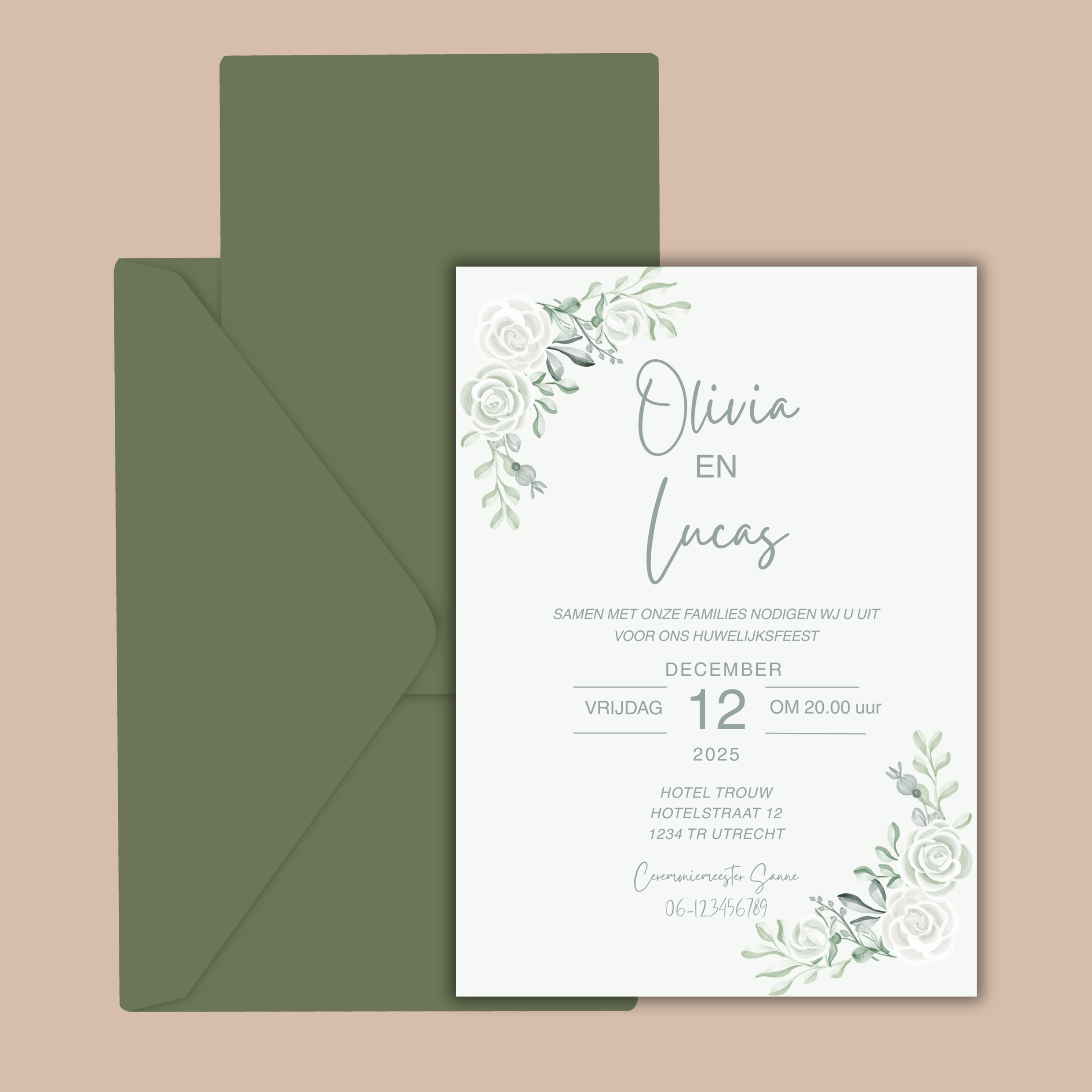 Digitale Trouwkaart Olijfgroen & Witte Bloemen