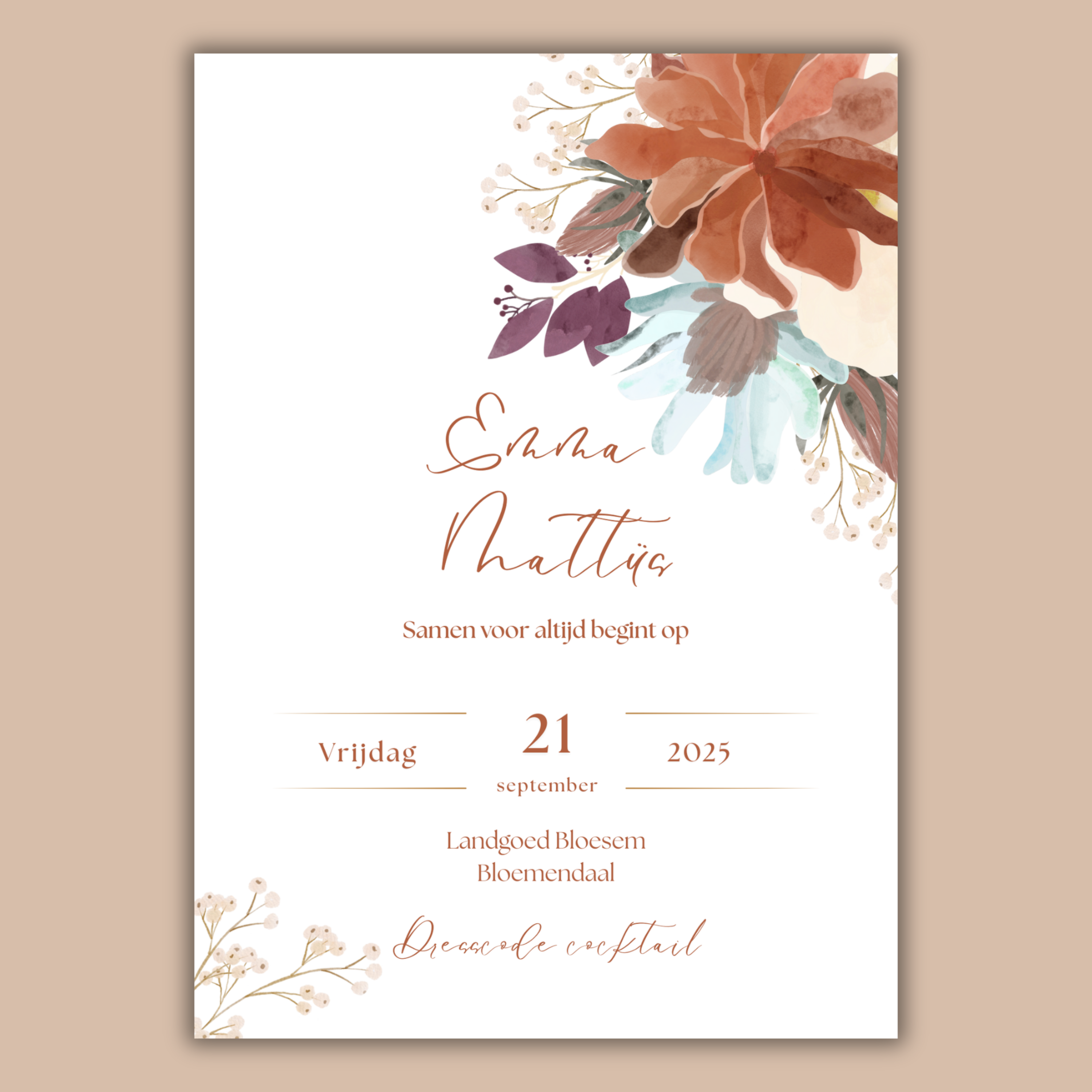 Digitale Trouwkaart Herfst & Bloemen.