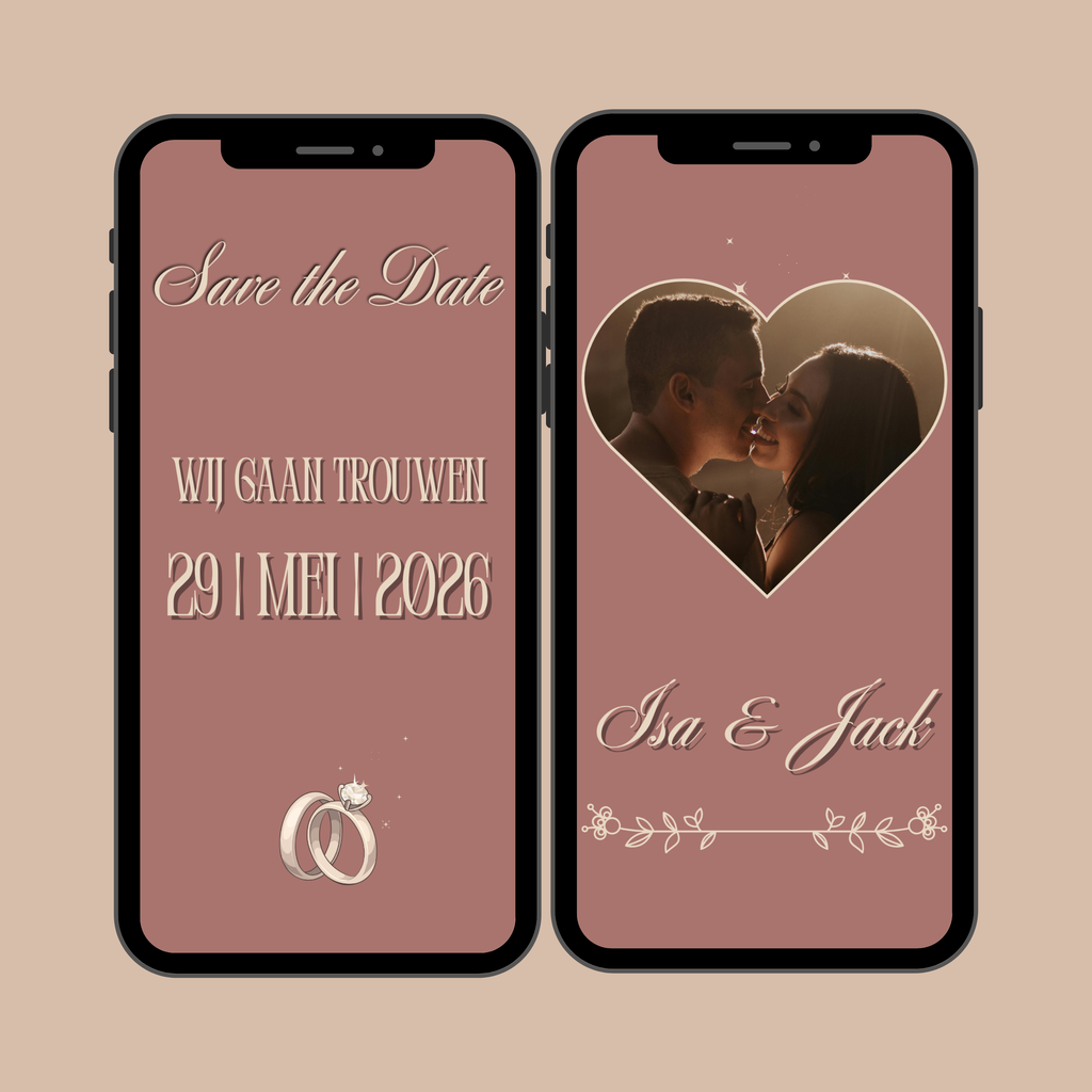 Digitale Save the Date Kaart Bruin met Animatie & Hartjesframe voor Isa & Jack, trouwdatum 29 mei 2026.