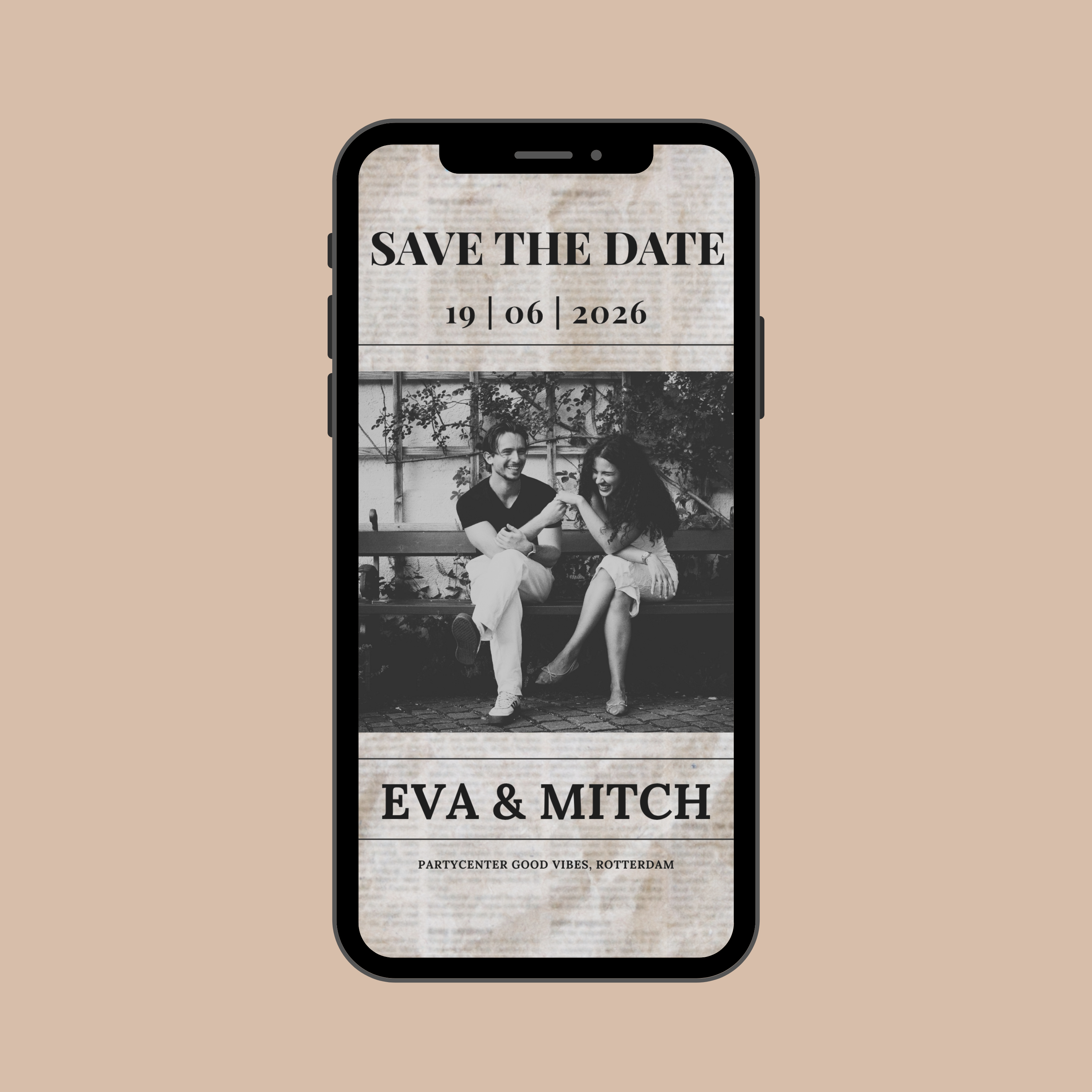 Save the date kaart krantstijl, digitaal Canva sjabloon, zwart-wit ontwerp met animatie