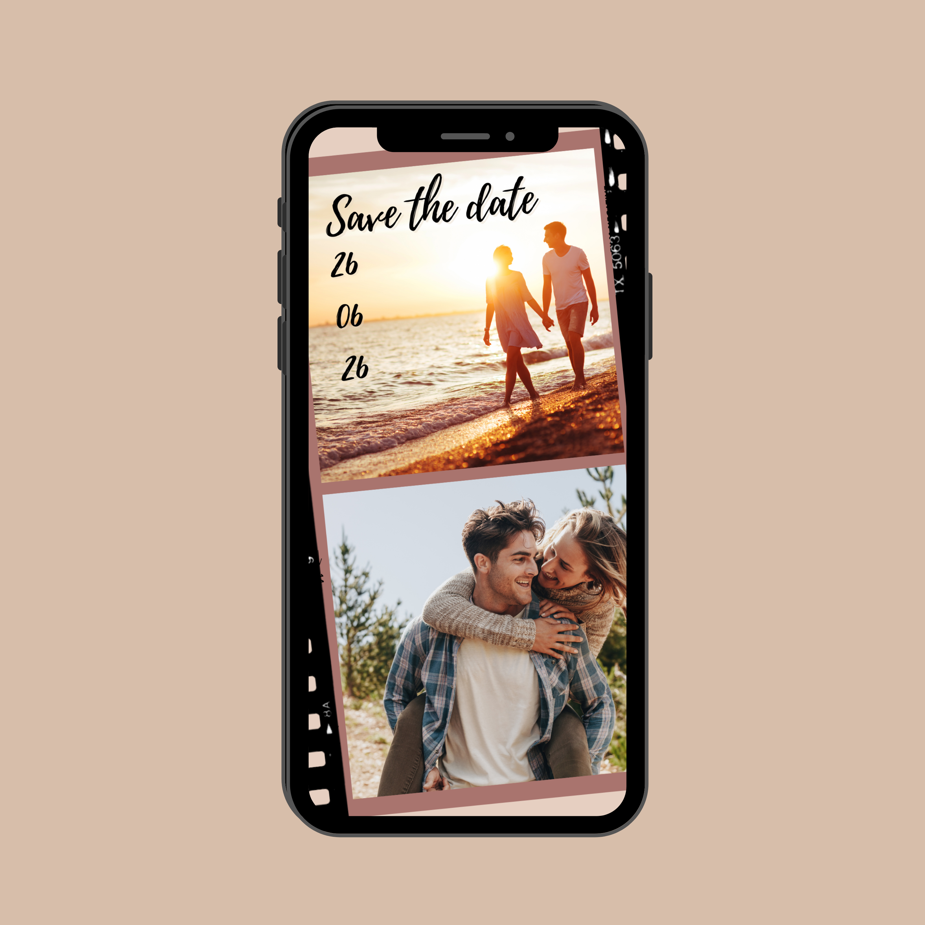 Digitale Save the Date video, eerste slide met filmstrip, personaliseerbare foto’s