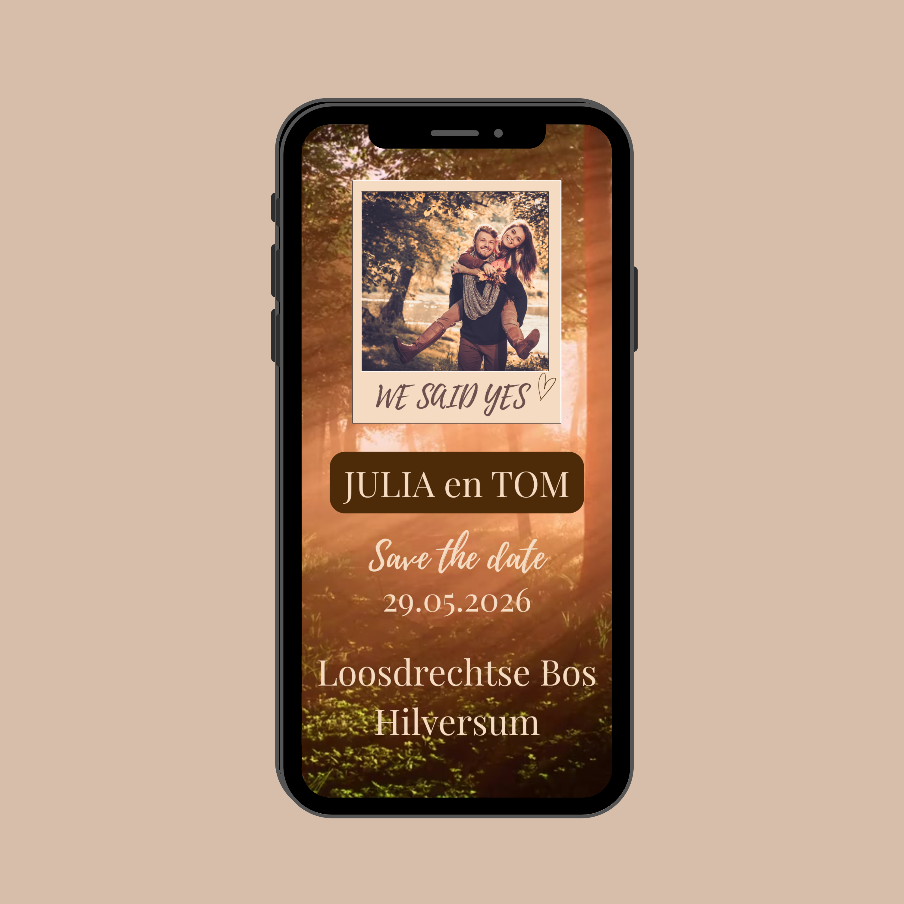 Geanimeerde digitale Save the Date kaart, herfst bos achtergrond, zonsondergang, personaliseerbare foto