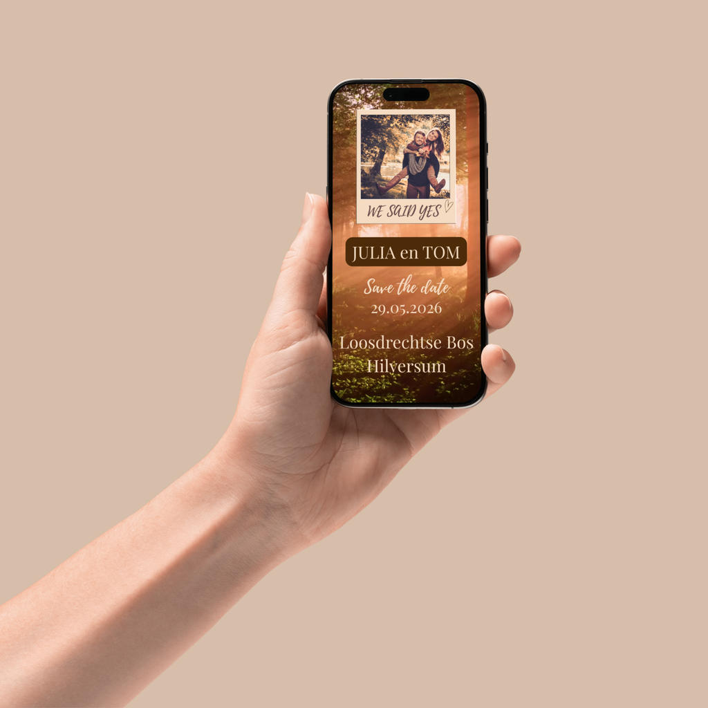 Digitale trouwkaart met warme herfstvibes, volledig aanpasbaar in Canva, geanimeerd design