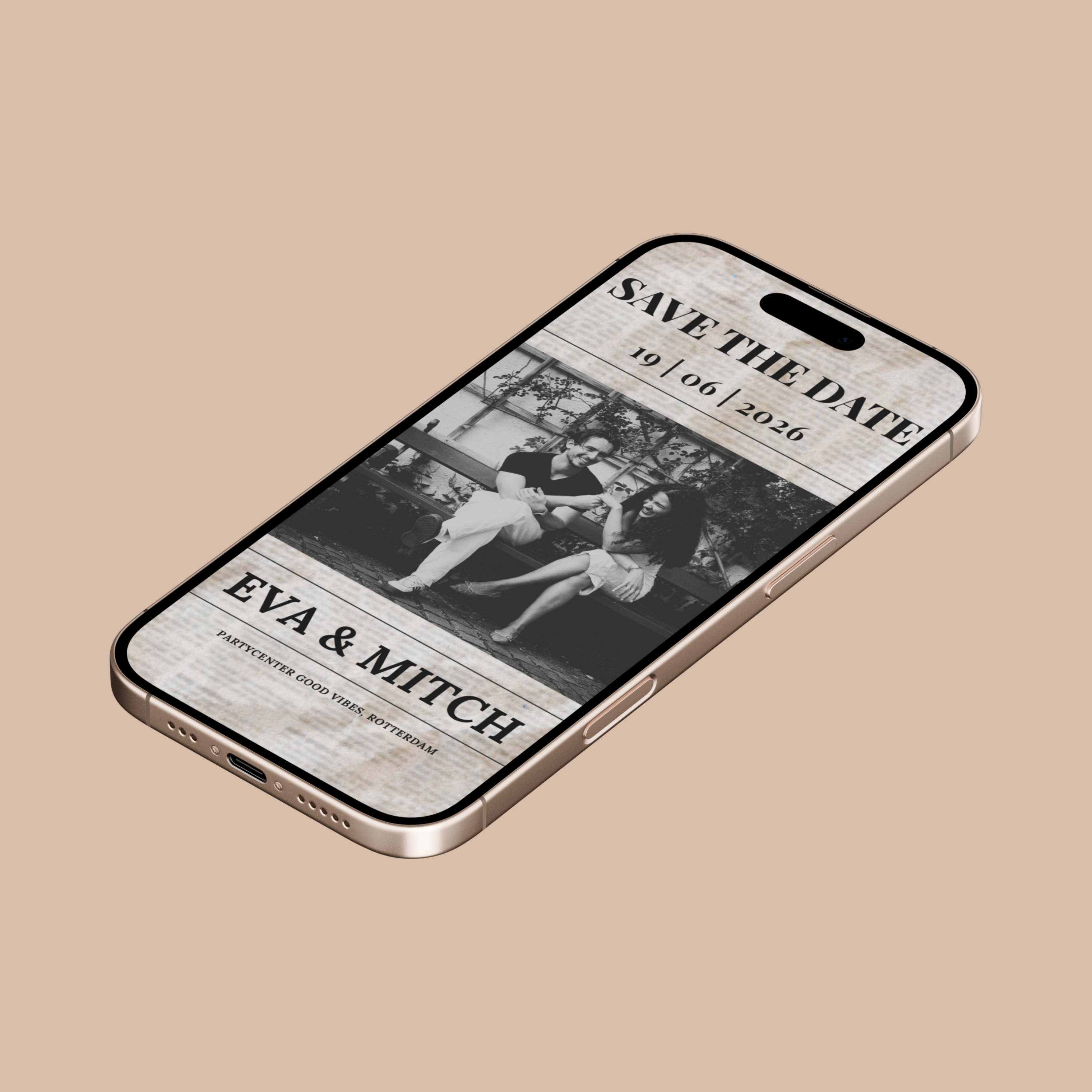 Krantstijl save the date kaart, zwart-wit thema met vintage look