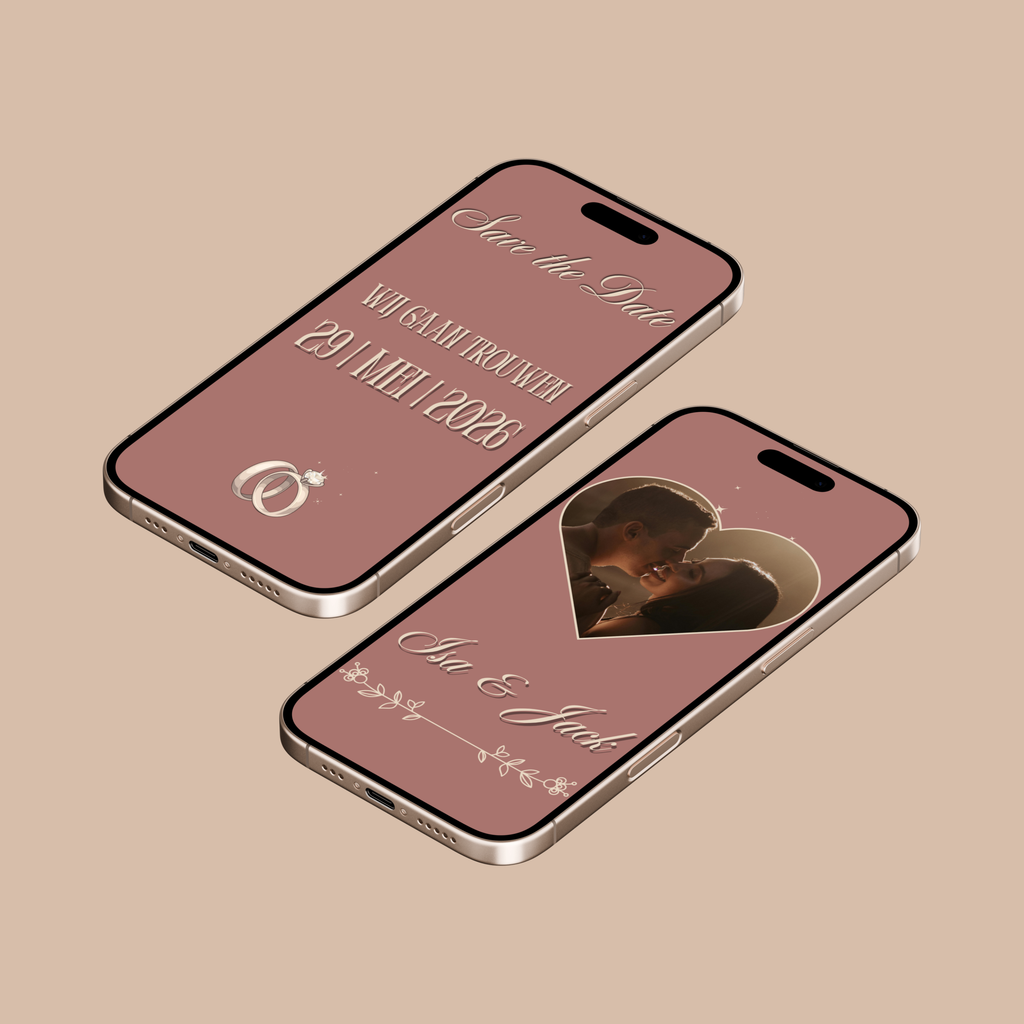 Digitale Save the Date Kaart Bruin met Animatie & Hartjesframe op smartphones met romantisch ontwerp.