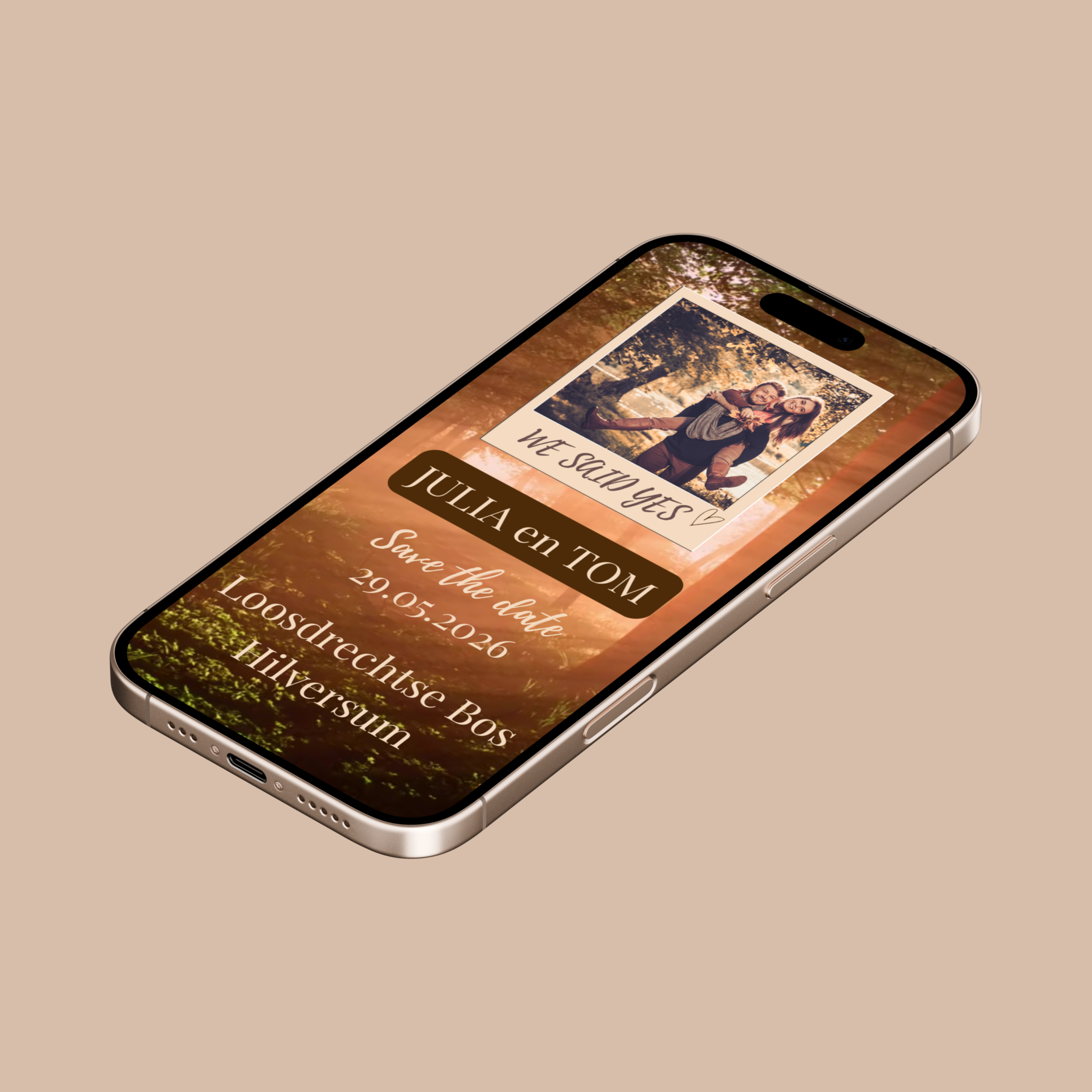 Personaliseerbare digitale Save the Date kaart, herfst kleuren, romantische fotolijst en tekst