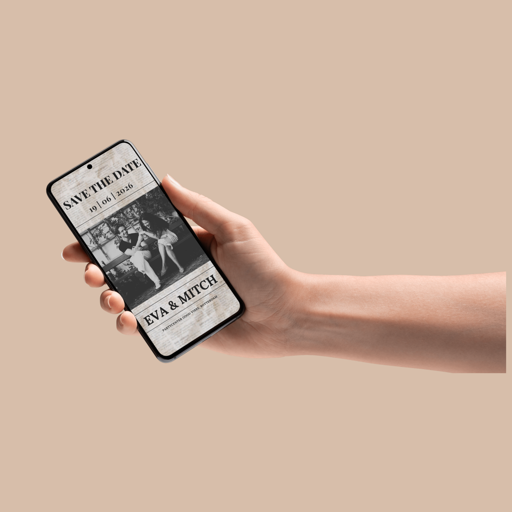 Digitale krantkaart, save the date sjabloon met geanimeerde tekst