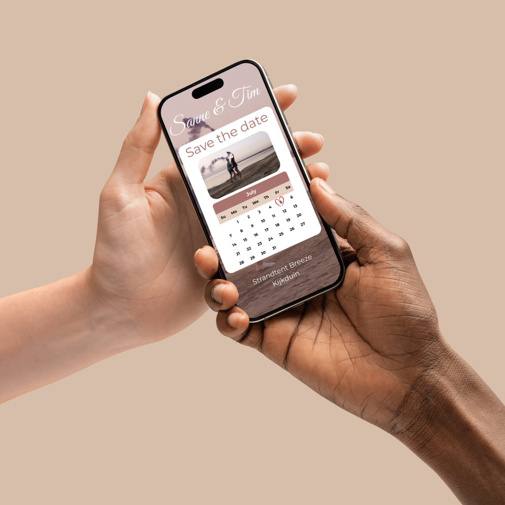 Digitale boho save the date, neutrale kleuren en speelse typografie