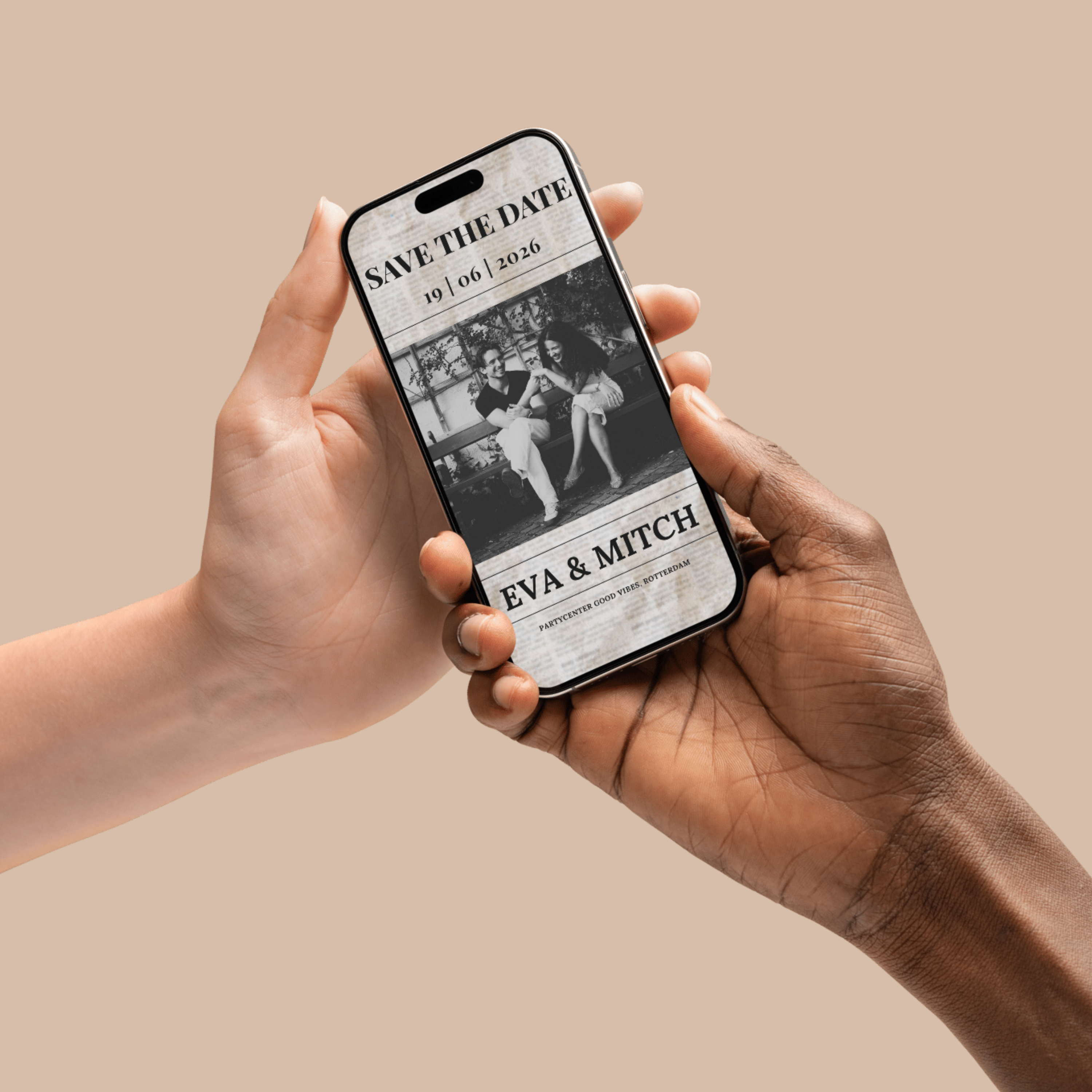 Save the date krantstijl, Canva template met animatie en tekstvakken