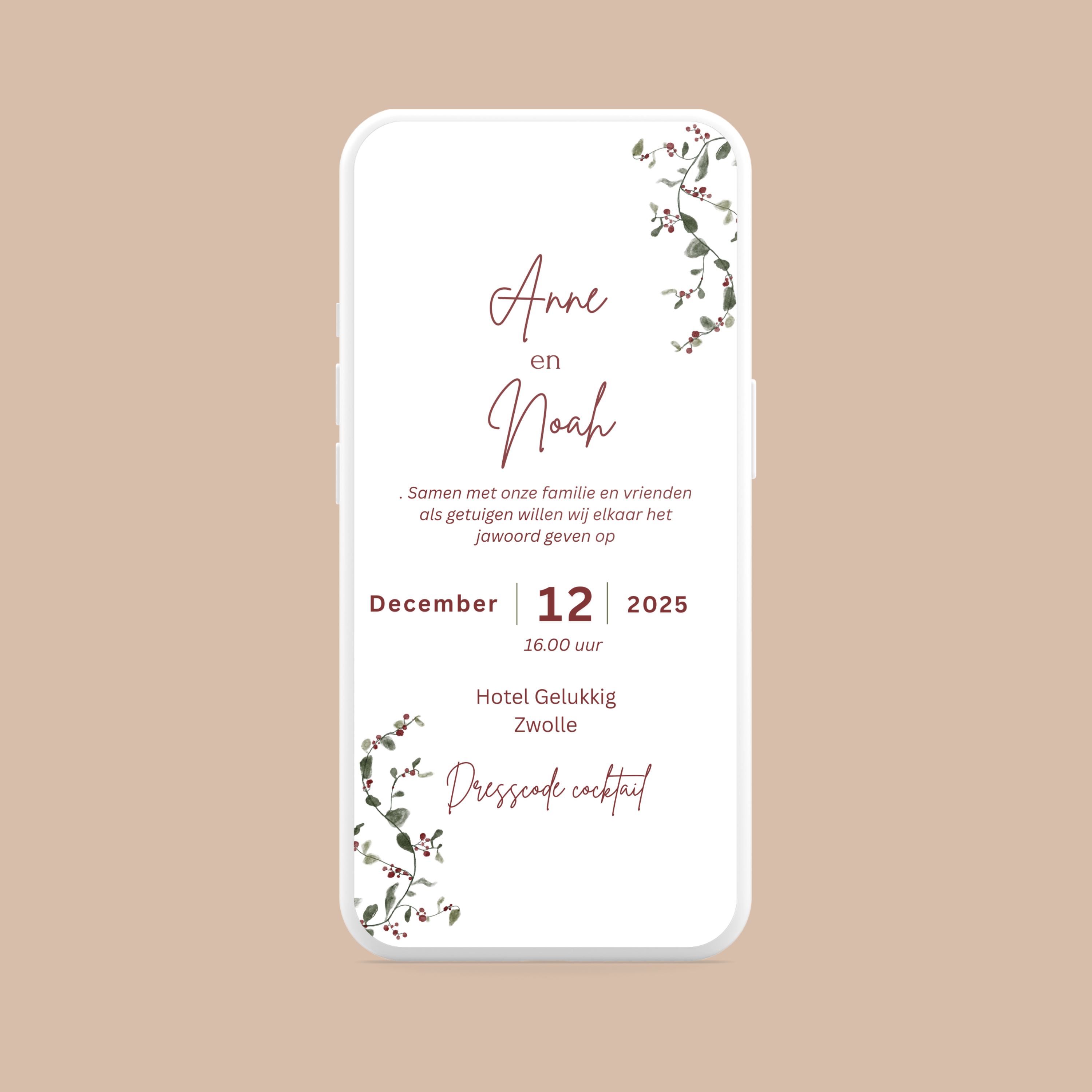 Digitale Trouwkaart met Kersttakjes, huwelijksuitnodiging met kersttakjes. 12 december 2025.