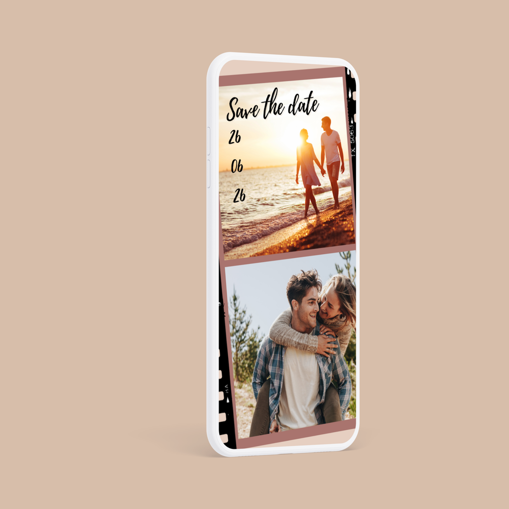 Digitale Save the Date video template, volledig aanpasbare slides met geanimeerde filmstrip en elegante, beige aesthetic stijl